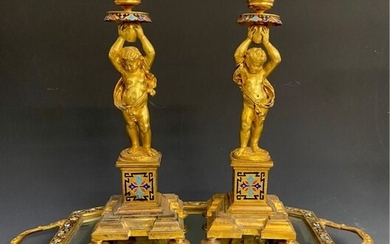 A PAIR OF FRENCH CHAMPLEVE ENAMEL CANDEL STICKS MIRROR