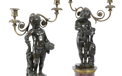 A PAIR OF FRENCH GILT AND PATINATED BRONZE FIGURAL CANDELABRA