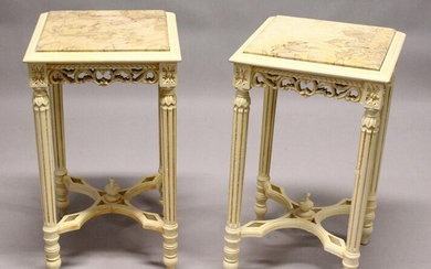 A PAIR OF FRENCH STYLE CREAM PAINTED, MARBLE TOP SQUARE