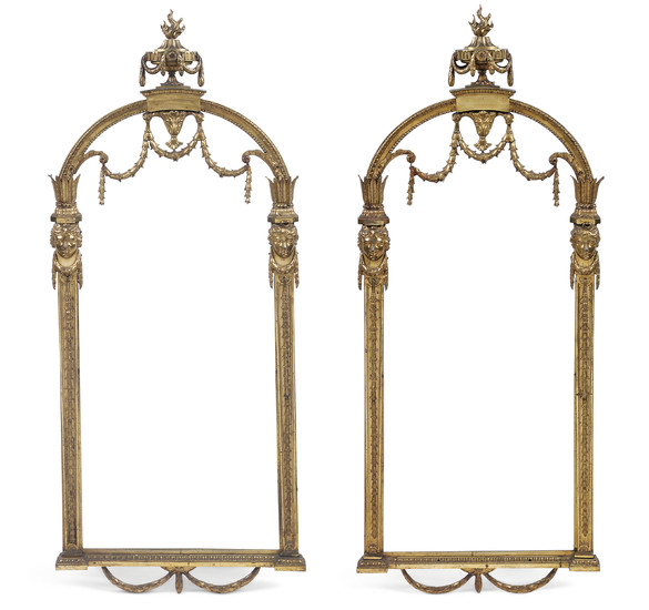 A PAIR OF GEORGE III LACQUERED-BRASS PANELS, DELIVERED BY THOMAS CHIPPENDALE, 1774, ORIGINALLY PART OF THE HEXAGONAL HALL LANTERN AT HAREWOOD HOUSE