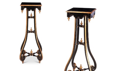 A PAIR OF GILT-DECORATED EBONISED STANDS IN THE NAPOLEON III STYLE, 20TH CENTURY