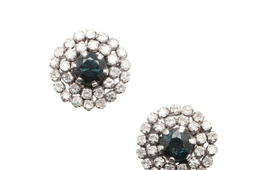 A PAIR OF SAPPHIRE AND DIAMOND CLUSTER STUD EARRINGS. each e...