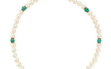 A PEARL AND TURQUOISE NECKLACE in 9ct yellow gold, comprising a row of pearls accented by polished