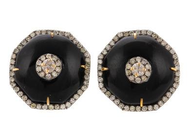 A Pair of Diamond & Onyx Earrings in 14K & Silver