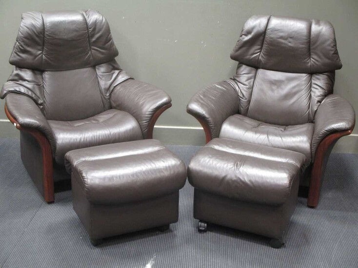 A Pair of "Ekornes Stressless Eldorado" high back leather reclining armchairs with rising