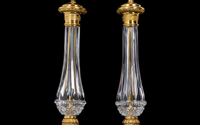 A Pair of Empire Style Gilt Metal Mounted Glass Table Lamps