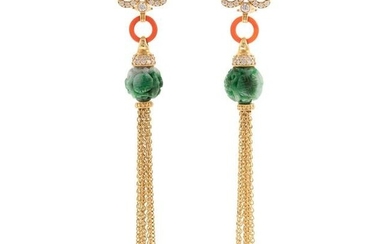 A Pair of Jade, Diamond & Carnelian Drop Earrings