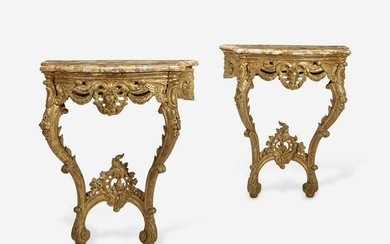 A Pair of Louis XV Style Pier Tables with Marble Tops