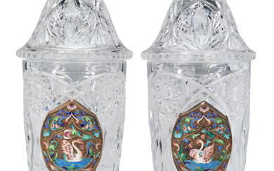A Pair of Russian Cut Glass Lidded Vases with Silver and Cloisonne Enamel Panels
