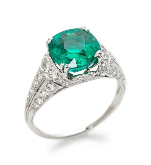 A Platinum, Colombian Emerald and Diamond Ring, Tiffany