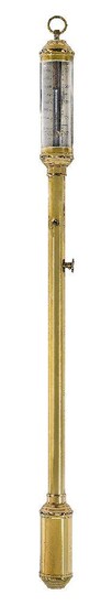 A Portuguese brass marine stick barometer, R.N. Desterro, Lisbon, in slender brass case with cylindrical cistern cover and gimbal with wall mount, the silvered register calibrated in barometric inches and with Vernier scale, signed 'J.J.B.L.M...