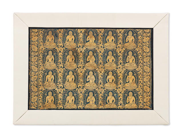 A RARE BLUE SILK LAMPAS 'FIVE DHYANI BUDDHAS' PANEL 10th-13th century