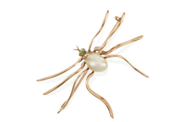 A ROSE GOLD, CULTURED PEARL AND GARNET SPIDER BROOCH