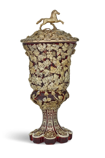A ROYAL SILVER-GILT-MOUNTED RUBY GLASS CUP AND COVER GERMAN OR ENGLISH, CIRCA 1837