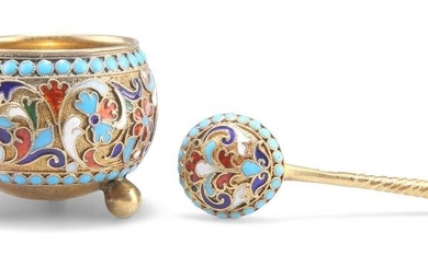 A RUSSIAN SILVER AND ENAMEL SALT AND SPOON, by Gustav
