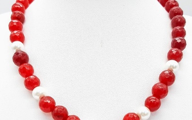 A Red Stone and Cultured Pearl Necklace with 925...