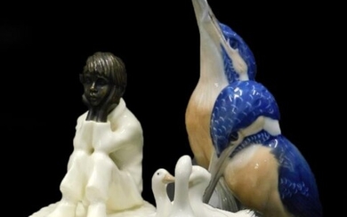 A Royal Copenhagen porcelain figure group of two kingfishers,...