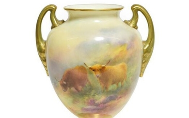 A Royal Worcester Porcelain Twin-Handled Vase, by Harry Stinton, 1934,...