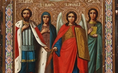 A Russian icon depicting four saints. Tempera on wooden panel. 19th century. 26.5×22 cm.