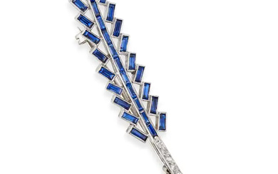 A SAPPHIRE AND DIAMOND FEATHER BROOCH set with rec ...