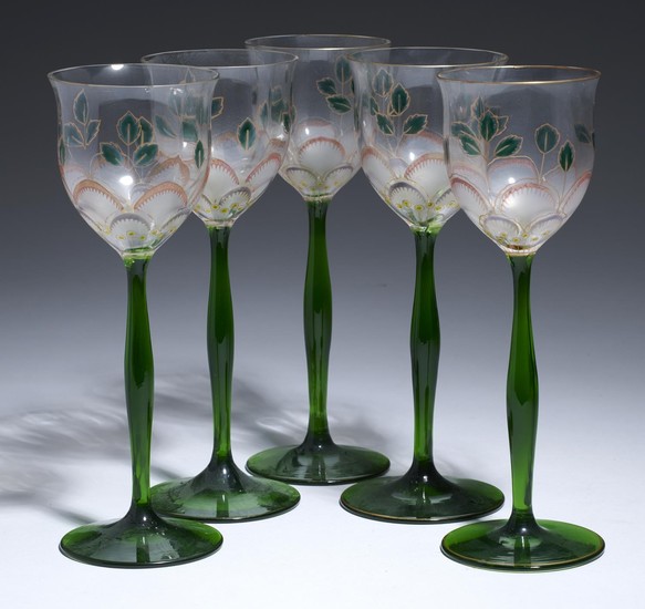 A SET OF FIVE GERMAN JUGENDSTIL ENAMELLED GLASS WINE GOBLETS...
