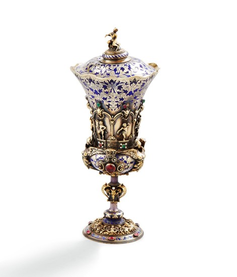 A SILVER-GILT, BLUE ENAMEL, COLOURED GLASSES AND PEARLS COVERED CUP, BY FOSSIN ET FILS, PARIS, CIRCA 1840 | COUPE COUVERTE EN VERMEIL, ÉMAIL BLEU, SERTIE DE VERRERIE ET PERLES, PAR FOSSIN ET FILS, PARIS, VERS 1840