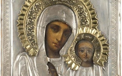 A SMALL ICON SHOWING THE KAZANSKAYA MOTHER OF GOD WITH A