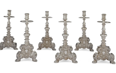 A SUITE OF SIX SPANISH SILVER CANDLESTICKS