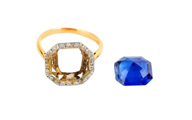 A SYNTHETIC SAPPHIRE AND A DIAMOND-SET RING MOUNT