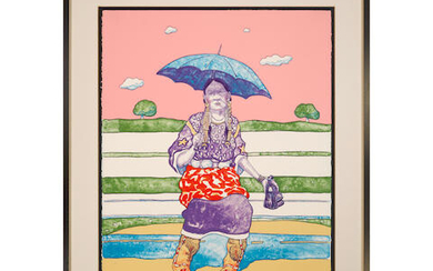 A T.C. Cannon lithograph, "Waiting for the Bus, Anadarko Princess," 1977