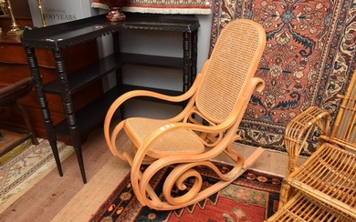 A TIMBER AND RATTAN ROCKING CHAIR (A/F)