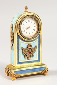 A VERY GOOD SMALL RUSSIAN SILVER GILT AND ENAMEL CLOCK