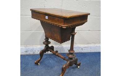 A VICTORIAN BURR WALNUT WORK TABLE, the hinged storage compa...