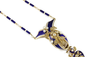A Victorian enamel, pearl and diamond set necklace