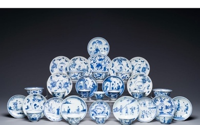 A collection of 15 Chinese blue-white cups and 19 saucers, K...