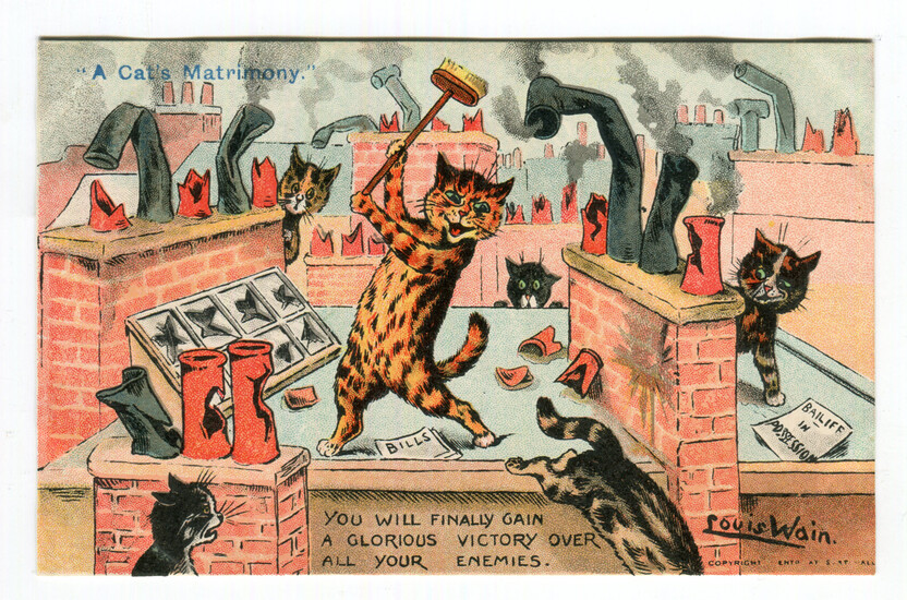 A collection of 25 postcards by Louis Wain, including postcards published by Davidson Bros., Raphael