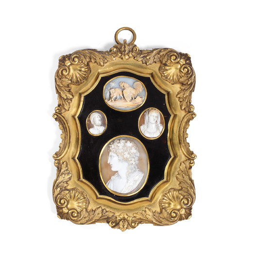 A collection of four mid 19th century Italian framed carved shell cameos mounted within a later gilt bronze frame with tortoiseshell mount