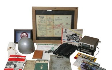 A collection of vintage motorcycling equipment and ephemera,...