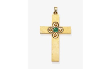 A cross pendant with a very beautiful emerald and diamonds - Probably France, circa 1870