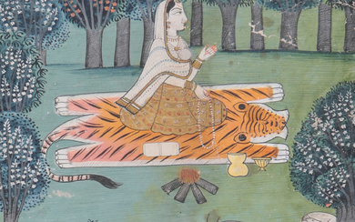 A female worshipper seated on a tiger skin, Rajasthan, India,...