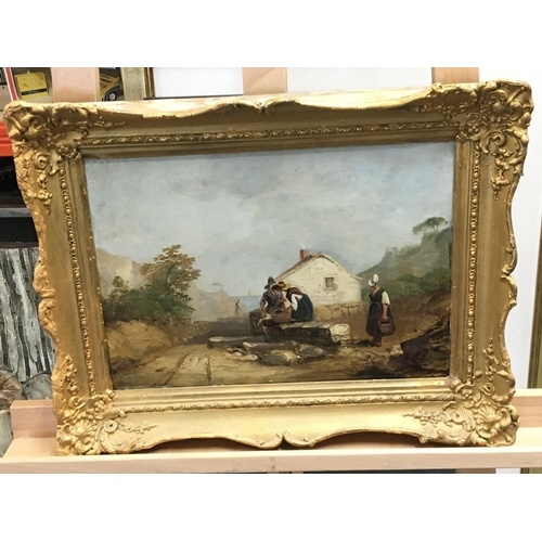 A gilt framed oil painting on panel, 19th century study figu...