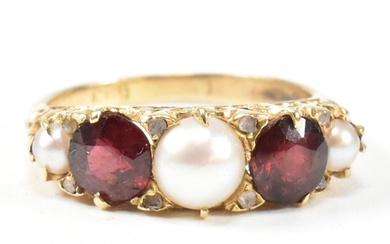 A gold pearl and garnet and diamond five stone ring. The rin...