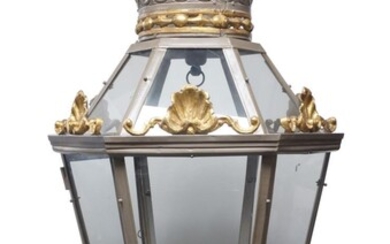 A grey painted and parcel gilt metal hexagonal hall lantern, 20th century, the corona in the form of an earls coronet, with shell and scrolling foliate applied mounts and an acorn terminal on scrolling supports, approx. 112cm high It is the buyer's...
