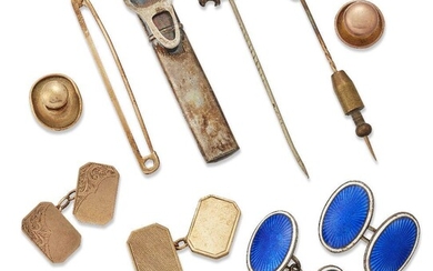 A group of jewellery: comprising: a rose-cut diamond set Bulls head stick pin; two pairs of 9-carat gold cufflinks; a 9-carat gold tie pin; two 9-carat gold studs; a pair of enamel cufflinks; a stick pin; posey holder and metal guard chain.
