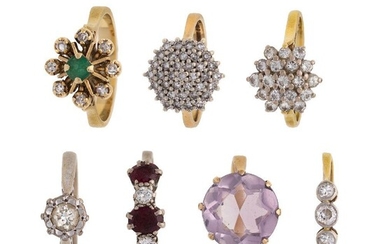 A group of seven gem-set rings, including a diamond single-stone ring, British hallmarks for 18-carat gold, and a three stone ring set with brilliant-cut diamonds, ring sizes I and N