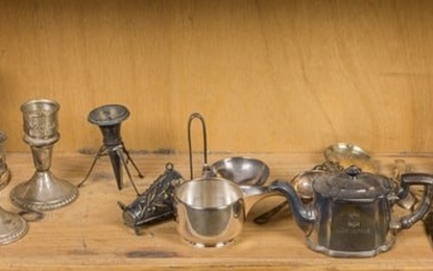 A group of sterling weighted and plated hollow and flat ware, including (2) pairs candlesticks; Mark
