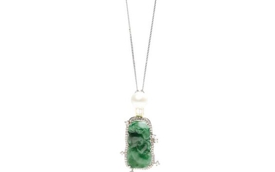A jadeite jade, diamond and cultured pearl pendant necklace