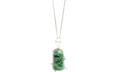 A jadeite jade, diamond and cultured pearl pendant