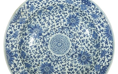 A large Chinese blue and white dish, Qing dynasty