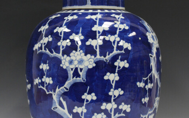 A large Chinese blue and white porcelain ginger jar and cover, late 19th century, painted with prunu